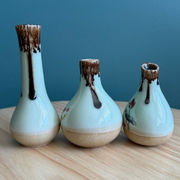 3 Vintage Asian Satsuma Vases Hand-Painted Ceramic Miniature Floral Neutrals - Picture 4 of 9